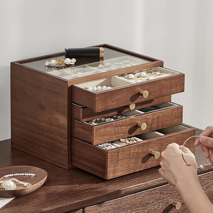 CHOSIN Black Walnut Jewelry Box for Women, 4-Layer Wooden Organizer with Glass Lid, for Watches, Necklaces, Rings & Earrings Storage Christmas Gifts