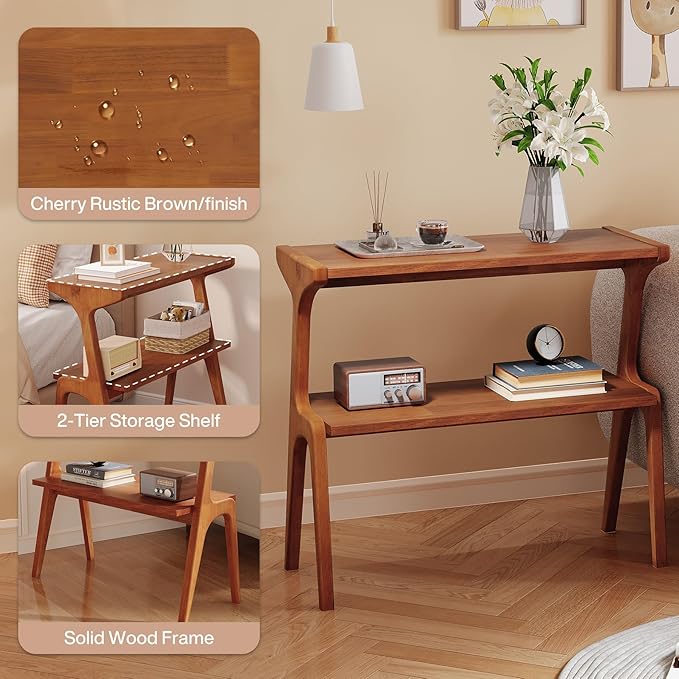 Solid Wood End Table, 2-Tier Side Table with Storage Shelf, Wooden Modern Accent Slim Bedside Table for Sofa, Living Room, Bedroom, Small Space, Easy Assembly, Cherry