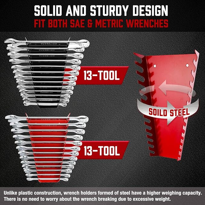 ALOANES 52-Slot Metal Wrench Organizer, Heavy Duty Wrench Organizer Tray for Tool Box, Fit SAE & Metric Wrench Storage, 4 Pack Wrench Holders(Red&Black)