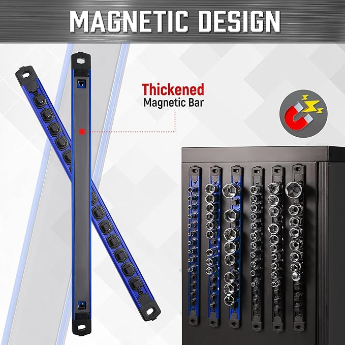 ALOANES 6-Piece Magnetic Rail Organizer, Heavy Duty Aluminum Rails, 360 Swivel Clips Socket Holder Kit for Tool Box, 1/2, 3/8, 1/4-Inch Socket Holder x 80 Clips (Blue)