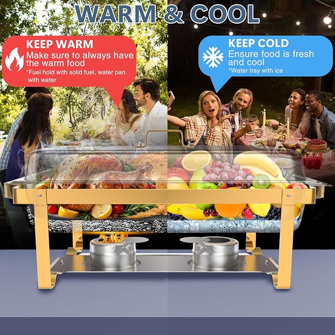 SIOTMERA 9QT Chafing Dishes for Buffet 1 Pack, Thickened Stable Stainless Steel Chafing Dish Buffet Set, Rolled Edge No Finger Cut Food Warmers for Party Catering Events Weddings, Gold and Silver