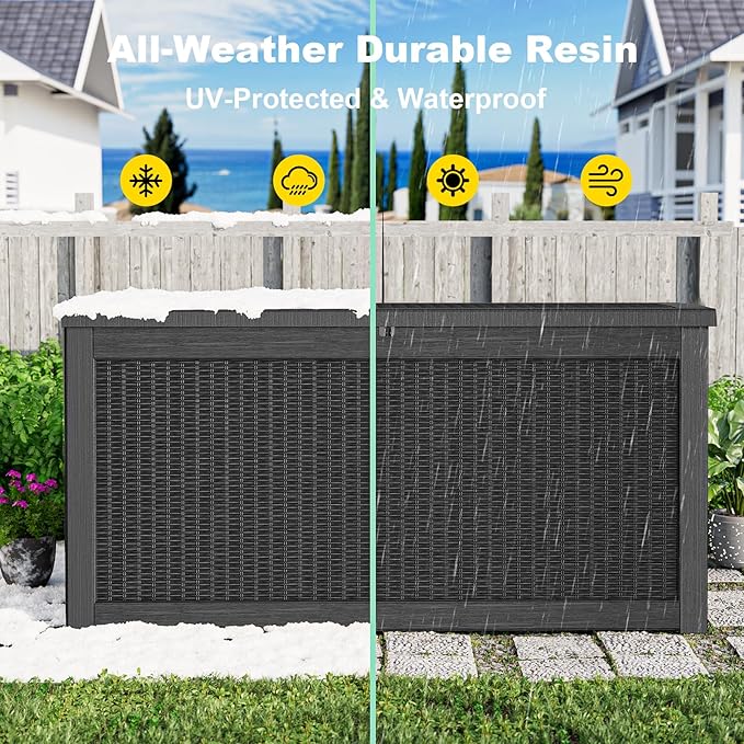 320 Gallon Outdoor Deck Box,Storage Lockable Waterproof Patio Furniture,Garden Tools,Cushions,Pool Accessories Outside Storage Resin Box(Black)