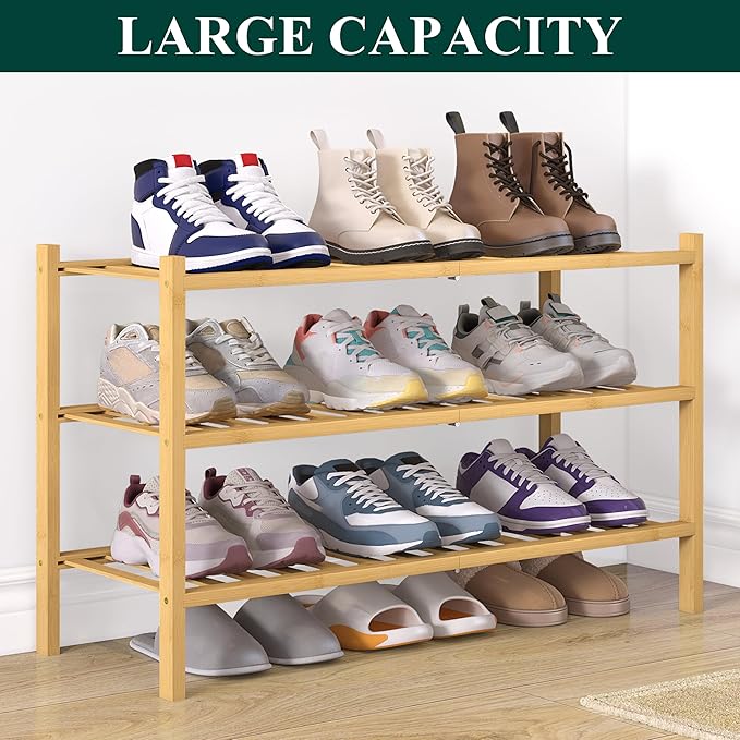 Smiry Bamboo Shoe Rack for Closet, 3 Tier Wooden Stackable Shoe Organizer, Free Standing Shoes Storage Shelf for Entryway, Front Door Entrance, Natural & White