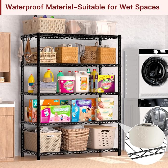 PrimeZone Wire Metal Storage Shelves - 5 Tier Adjustable NSF Certified Heavy Duty Garage Shelving Unit Organizer Rack, Steel Utility Shelf for Kitchen, Pantry, 35.5" W x 14" D x 72" H, Black, 2 Packs