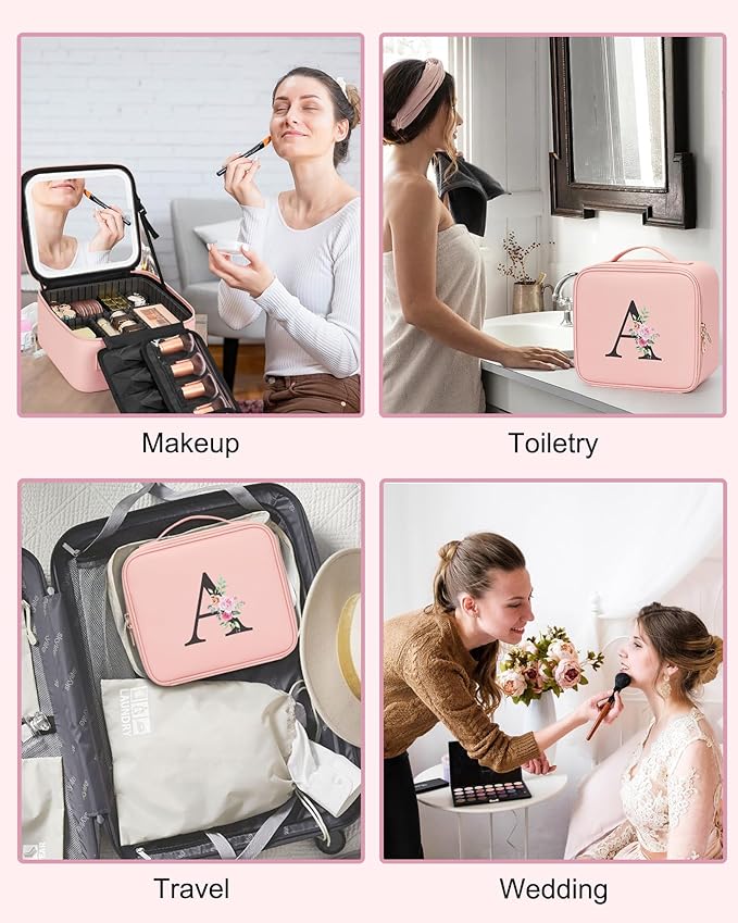 Relavel Initial Makeup Bag with LED Mirror for Women Girls, Personalized Travel Cosmetic Organizer Train Case, Birthday Gifts for Grandkids Bridesmaid Graduation Teacher Friends, Trendy Stuff, Pink K