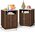 Fluted Night Stand Set of 2 with Charging Station, 18" Modern Nightstand with Faux Marble Top, 2 Drawers End Table with Storage, Bedside Table for Bedroom Living Room,Curved Profile(Walnut)