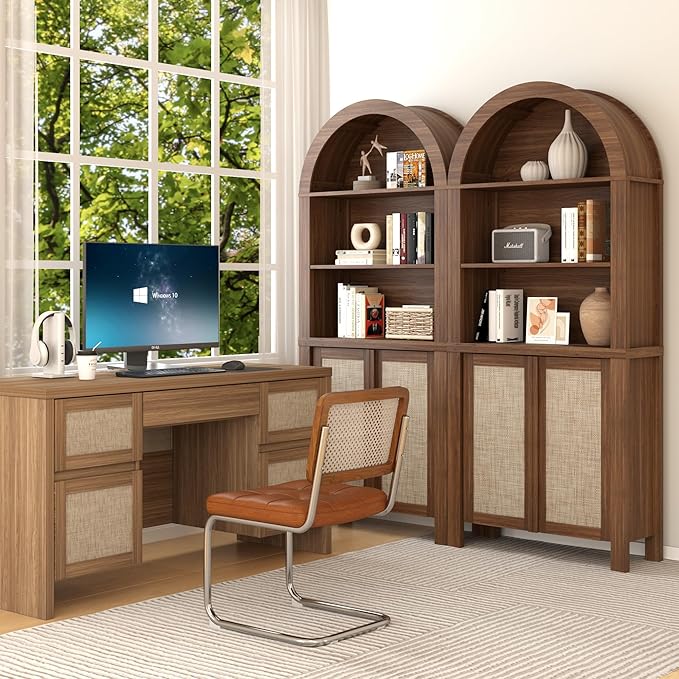 Yechen Arched Bookcase, 70.5" Tall Bookcase with Storage, Mid-Century Modern 5 Tier Bookshelves with Door, Boho Rattan Bookshelf for Living Room Kitchen Office Bedroom Library, Dark Walnut,1 PCS