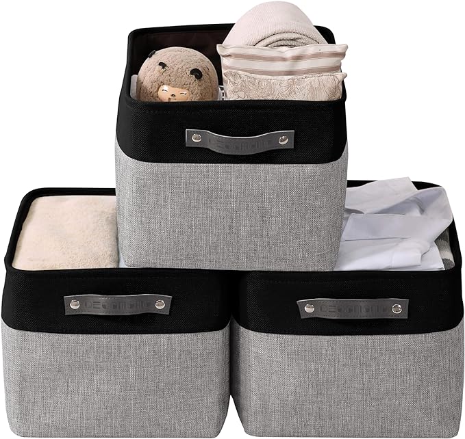 DECOMOMO Storage Baskets for Shelves - Fabric Storage Bins, Linen Closet Organizers and Storage (Grey & Black, XL - 3 Pack)