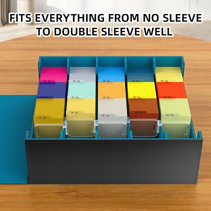 AFIING 4-Row Trading Card Storage Box – Holds 3200+ Cards, 48 Dividers & 4 Stoppers, Card Deck Box for MTG TCG Sports Cards – Includes 1 Dice Bag(Black Cyan)