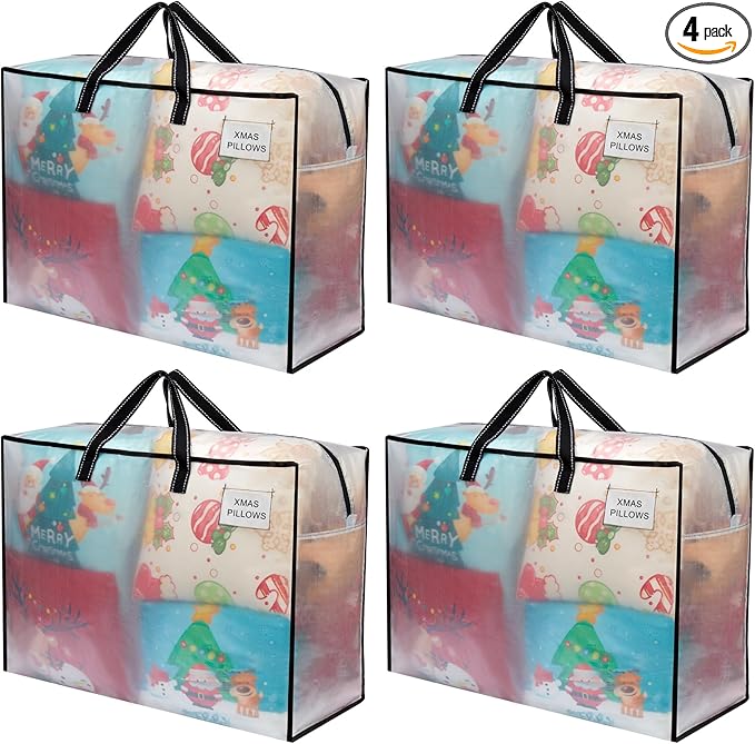 VENO 4 Pack Heavy Duty Moving Bags, Storage Bags, Packing Supplies, Top Zipper, Storage Totes for Camping, Clothes, Bedding, Comforters, Pillows (27 Gallon Clear, 4 Pack)