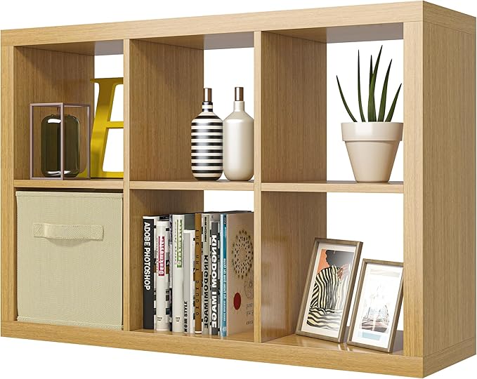 furtble Bookshelf with Storage Bin, 6-Cube Storage Organizer, Modern Wood Open Bookcase, Multifunctional Display Shelf for Living Room, Bedroom, Home Office, Oak