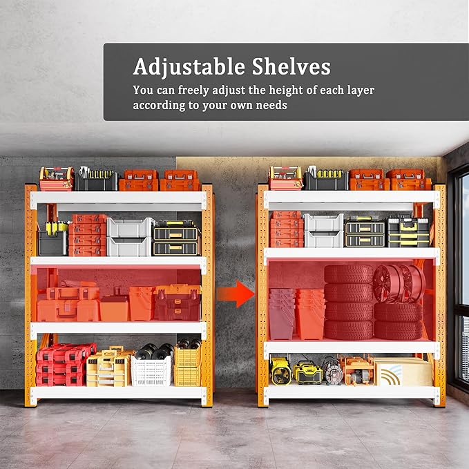 5000LBS Garage Shelving 59" W Garage Shelving Heavy Duty 4-Tier Metal Storage Shelves Adjustable Shelf Unit Storage Rack for Basement Supermarket Warehouse 59" W x 20" D x 78" H Orange-White