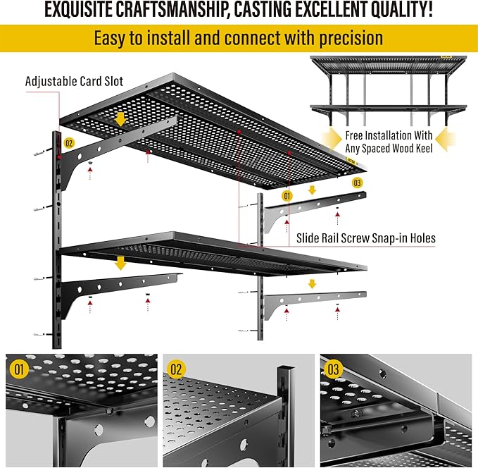 1pack×2 Tier 1.3x3ft Garage Shelving Wall Mounted, 400 lbs Load Capacity,15.6x36inch per Shelf Height Cassette Adjustable Floating Shelves, Black