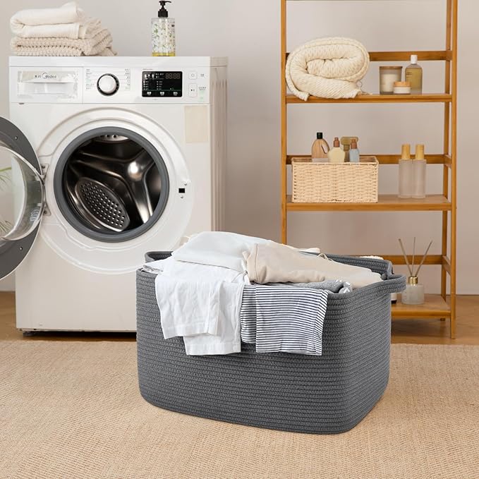 65L Large Storage Basket, Cotton Rope Woven Blanket Basket, Toy Storage for Baby Room, Living Room, Dark Grey