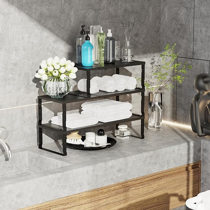 Expandable Stackable Spice Rack Organizer for Kitchen Cabinet,Adjustable Counter Shelf, countertop, Pantry,Cupboard,Bathroom,Bedroom(3Packs/Black/Medium)