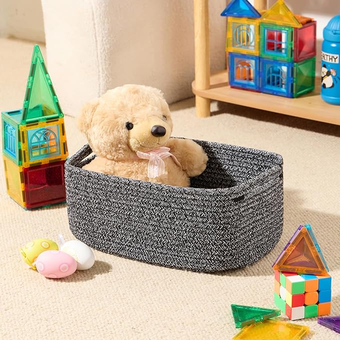 Small Storage Baskets for Organizing | Closet Organizer Bins | Shelf Toy Basket | Woven Rope Baskets | Cube Decorative Box | Shallow Basket | 13x8.5x5.1” | 4 Packs Dark Gray