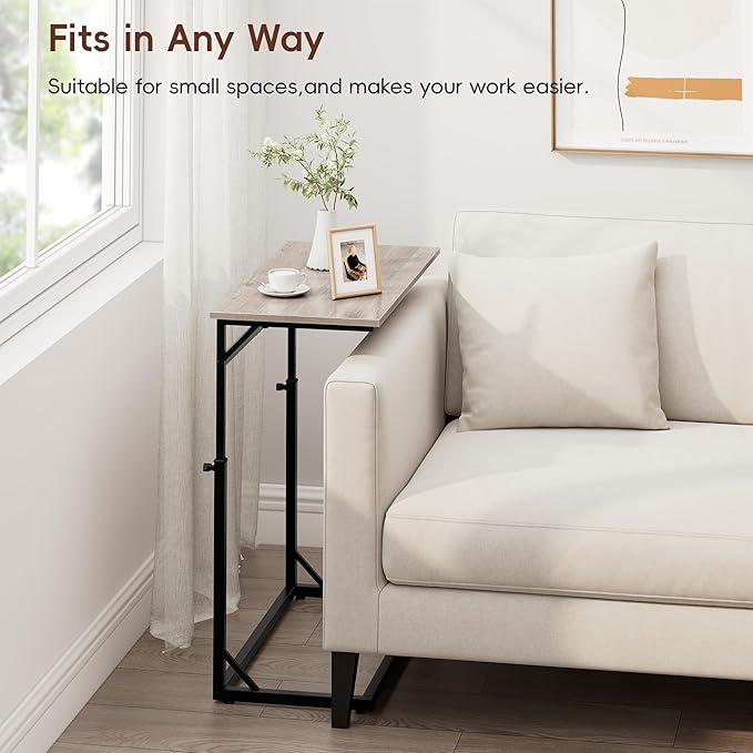 Vagusicc C Shaped End Table, 33.5"Tall Side Table for Couch, C-Table Sofa Table Adjustable Height Side Table, Large Surface Slide Under Couch Table, Coffee Table TV Tray for Living Room, Bedroom, Grey