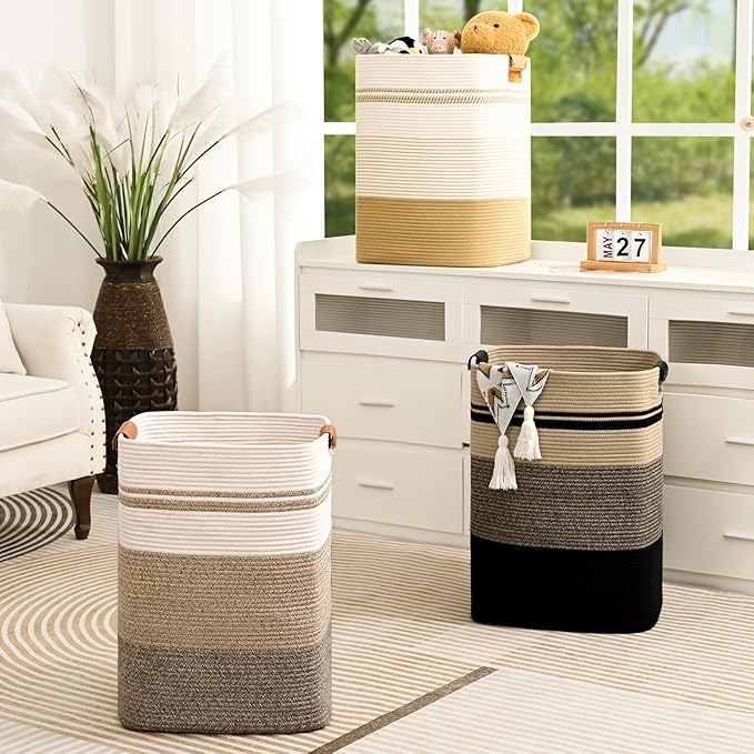 Laundry Hamper, 85L Tall Laundry Basket with Leather Handles, Rectangle Large Clothes Hamper for Organizing, Cotton Woven Laundry Baskets Storage Hampers for Bedroom, Nursery, Living Room