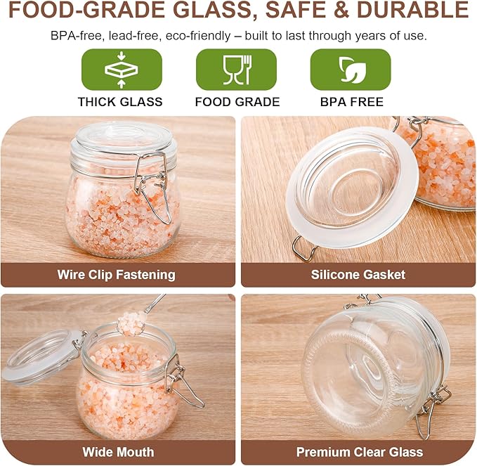 17oz Airtight Glass Jars with Clamp Lids, Small Food Storage Canisters Set of 6, Wire Clip Mason Jars for Canning Pickling Spice Herb