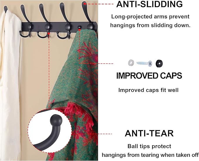 Dseap Coat Rack Wall Mounted - 5 Tri Hooks, Heavy Duty, Stainless Steel, Metal Coat Hook Rail for Coat Hat Towel Purse Robes Mudroom Bathroom Entryway (Green, Pack of 2)