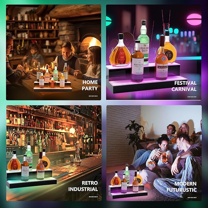 Led Lighted Liquor Bottle Display Shelf, 20 Inch 2 Tier Whiskey Rack, Support USB, Bar Stand with RF Remote & App Control, Illuminated Acrylic Lighting Shelves for Home Bar, Party