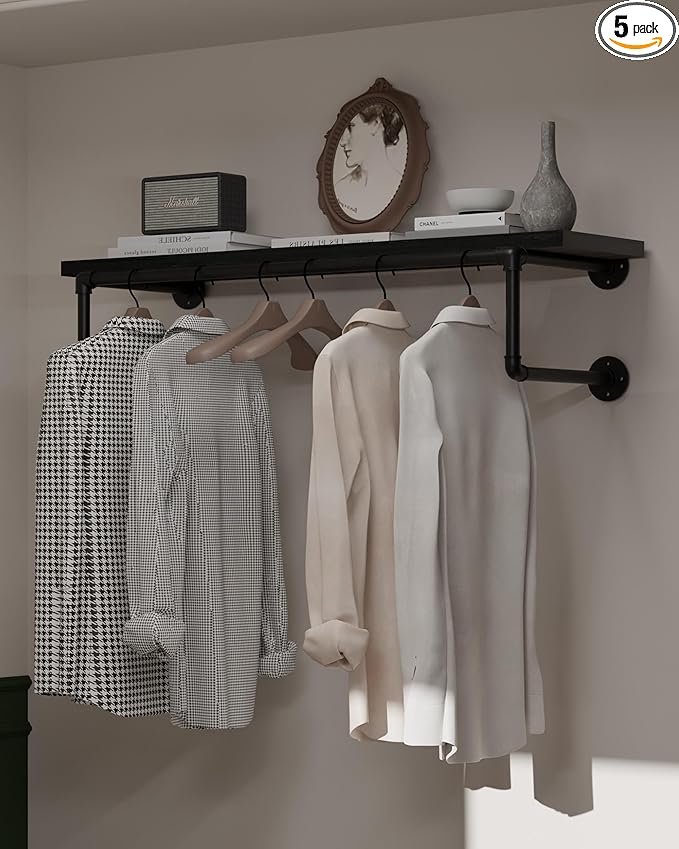 Clothes Rack 36in, Wall Mounted Garment Racks with Real Black Wood Shelf, Heavy Duty Hanging Clothes Rack, Multi-Purpose Hanging Rod, Space-Saving Closet Storage
