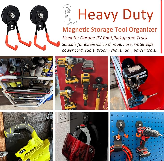 ULIBERMAGNET Heavy Duty Large Garage Magnet Hooks, 3 Pack Strong Storage Utility Magnetic Hooks with Anti-Slip Coating for Pegboard,Garage Shelve Hanging (Orange)