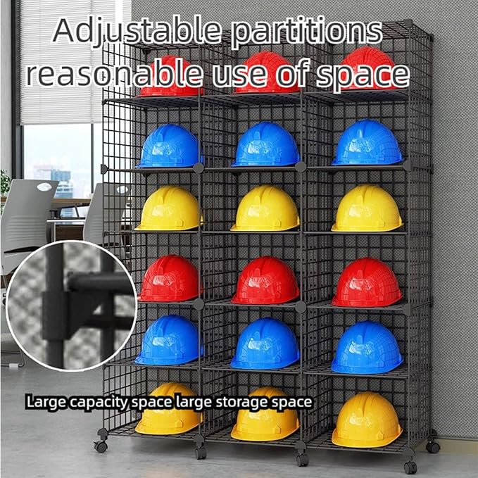 Stackable Safety Helmet Storage Boxes, Large Adjustable Hard Hat Placement Organizer Rack,with Wheels,for Construction Site/Garage/Workshop/Factory Helmet Display Shelf (White, 16 Grids-2 * 8)