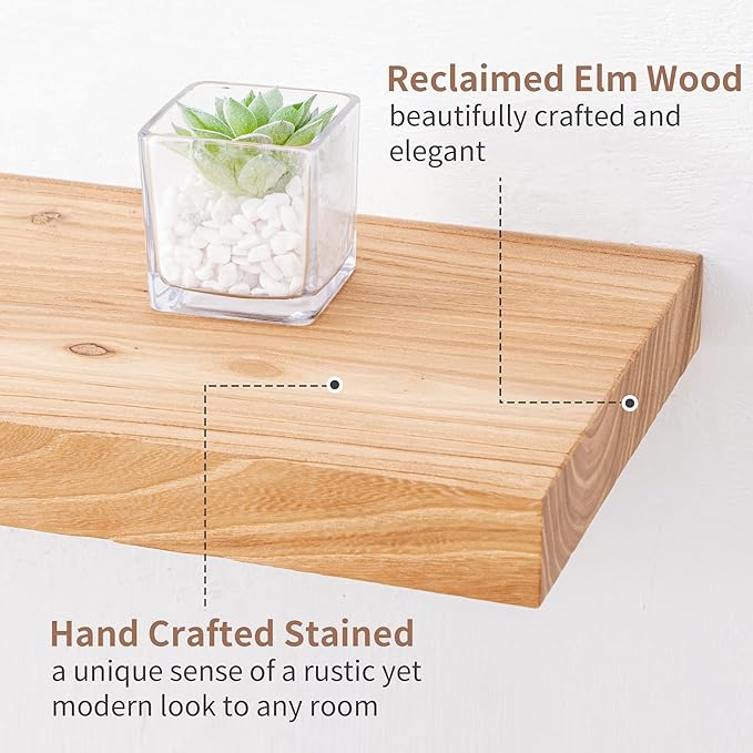 Axeman Rustic Elm Wood Floating Shelves - 72'' W x 8" D Wall Mantel Shelf with Invisible Bracket, Large Long Wall Mounted Storage Shelves for Living Room, Bedroom, Kitchen, Bathroom, Natural