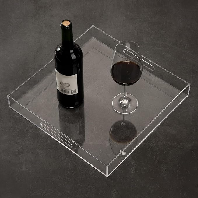 Clear Sturdy Acrylic Serving Tray with Handles - 14x14Inch - Coffee, Appetizer, Breakfast, Butler Tray - Kitchen Countertop & Makeup Drawer Organizer