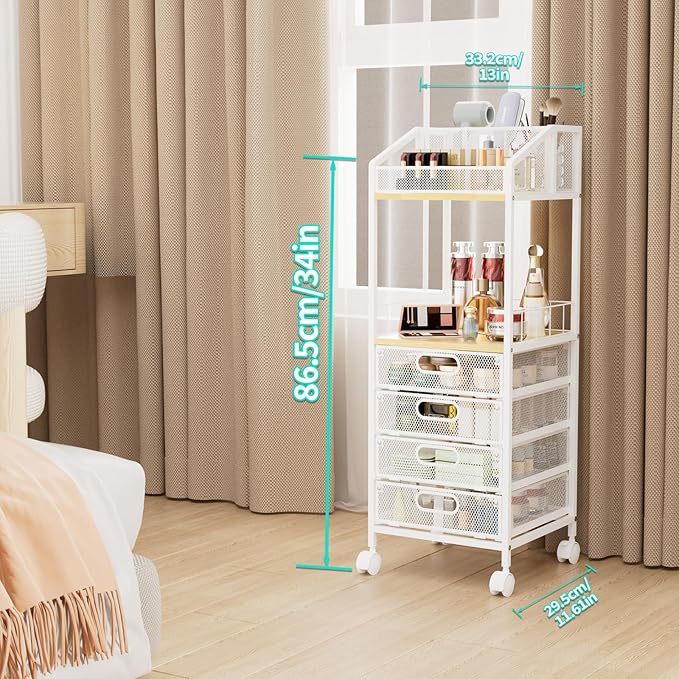 HapiRm Makeup Organizer Storage Cart - Floor Skincare Make Up Storage with 4 Drawers, Rolling Makeup Cart Vanity Organizer Cosmetics Display Cases Holder for Skin Care Perfume Nail Polish
