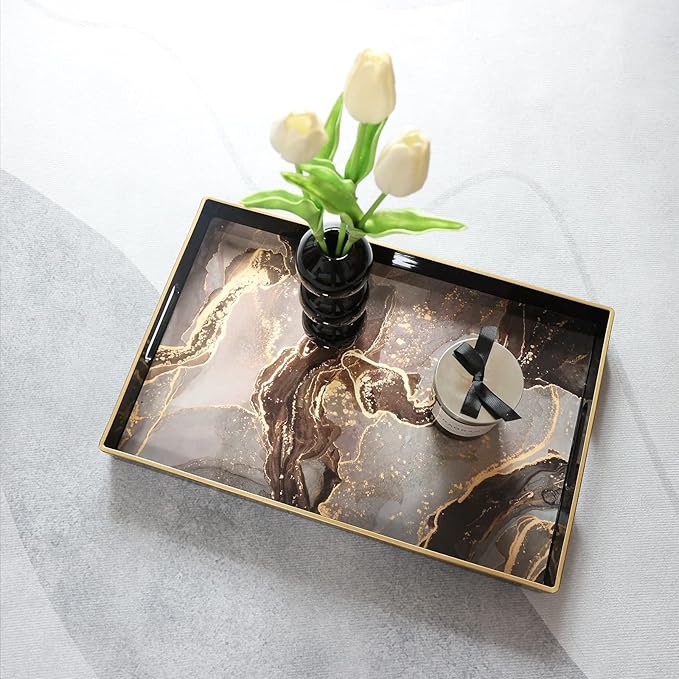 Black Marbling Decorative Tray with Handles, Morden Plastic Rectangular Serving Tray for Coffee Table Bathroom, Ottoman, Home Decor, 15.7"* 10.2"* 1.38"