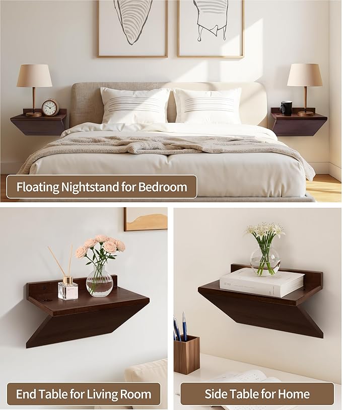 Floating Nightstand, Modern Wood Floating Bedside Table Z-Shape Wall Mounted Nightstand Small Hanging Night Stands for Bedroom (2, Dark Cherry)