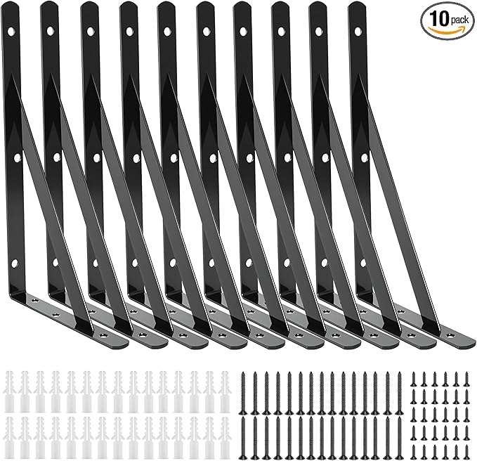 10 Pack L14 x H 10" Heavy Duty Shelf Brackets with Screws Open Floating Shelving Bracket L Brackets Black Metal Shelf Brackets for Shelves, Room, Pantry, Garage