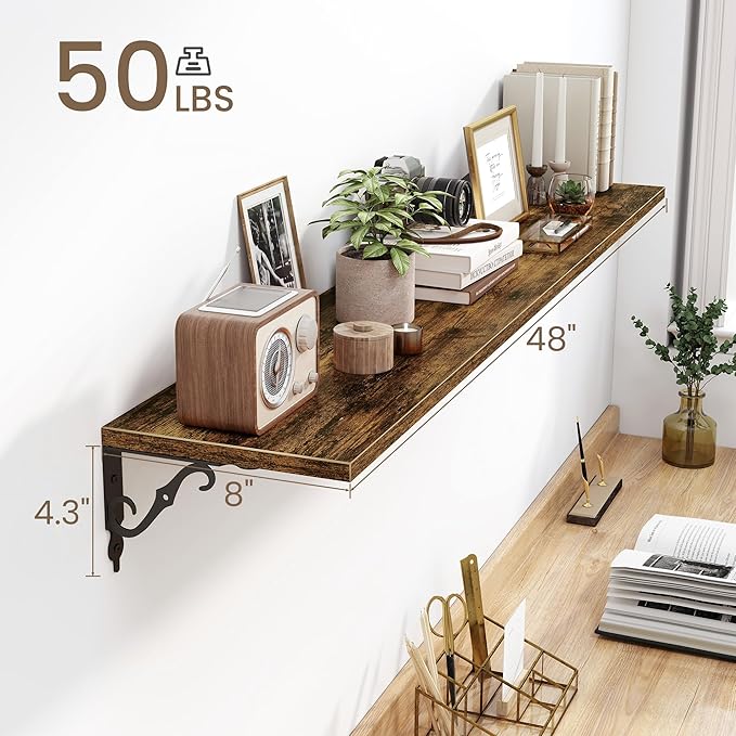 Fun Memories Large Floating Shelves for Wall 48 Inches Long, 8 Inch Deep Shelves with Metal Bracket, 48 Inch Floating Shelves Wall-Mounted, Wide Display & Storage Bookshelves, Rustic Brown, Set of 2