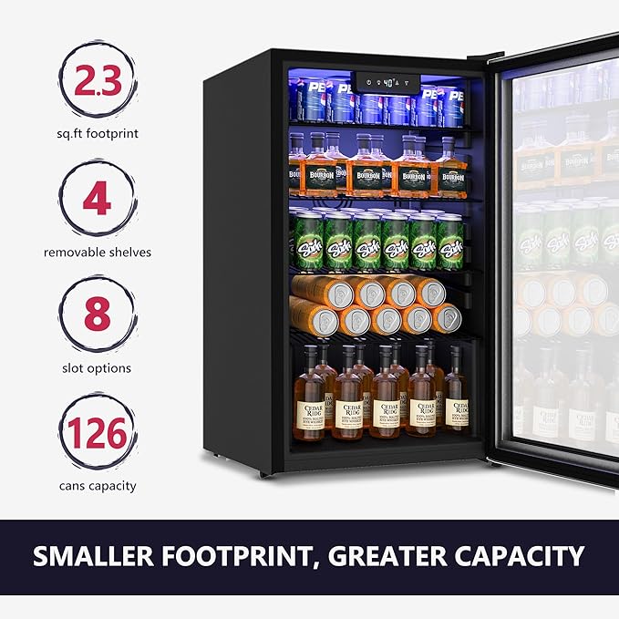 Beverage Refrigerator and Cooler, 126 Can Mini fridge with Plastic Door, Beverage Cooler with Digital Temperature Display & Adjustable Shelves for Soda Beer or Wine, Black