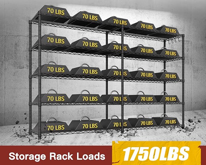 PrimeZone 5 Tier 72" W x 16''D x 76''H Metal Storage Wire Shelves - Heavy Duty Standing Garage Shelving Unit, Adjustable Steel Wire Rack Utility Shelf for Warehouse Kitchen Pantry Corner, Black
