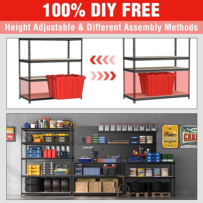 WORKPRO 4000LBS Storage Shelves, 5-Tier Metal Shelving Unit, Adjustable Garage Shelving with Particle Board, Heavy Duty Storage Rack for Garage, Kitchen, Basement, Warehouse, Black, 72"H x 36"W x 18"D