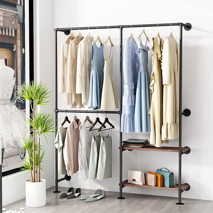 Industrial Pipe Clothes Racks with Black Shelves, Industrial Pipe Black Clothing Rack with Double Hanging Rods, Heavy Duty Wall Mounted Clothing Rack Rod for Closet Storage, Bedroom