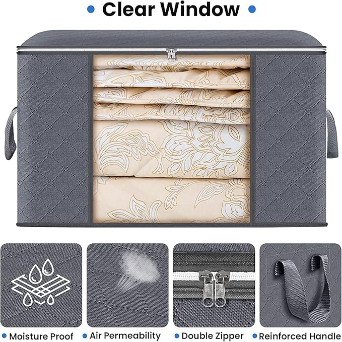 Large Clothes Storage Bags 6 Pack, Foldable Closet Organizers with Durable Breathable Fabric & Clear Window for Blankets, Comforters, Pillows, Bed Sheets, Toys & Seasonal Clothing (Gray)