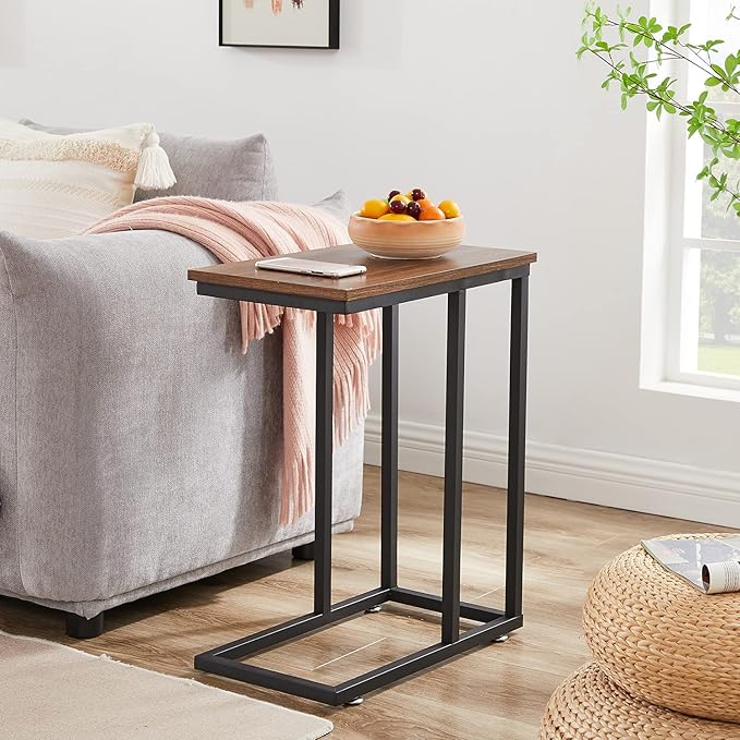 VECELO C Shaped End Side Table for Sofa Couch and Bed Snack TV Tray for Living Room Bedroom, 2 PCS, Brown