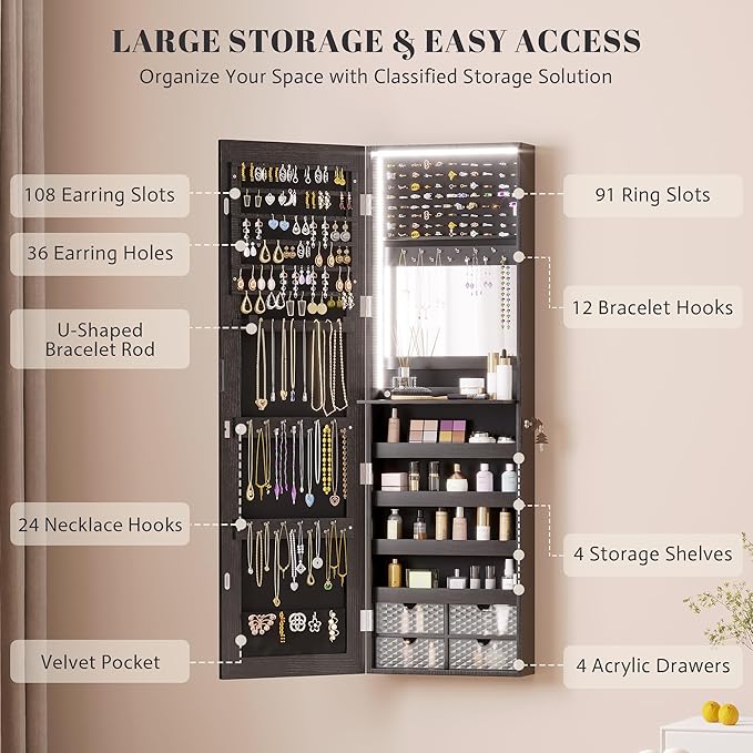 Vlsrka 47.2" LED Jewelry Armoire Organizer, Wall/Door Mounted with Full Length Mirror, Large Storage Hanging Cabinet, 4 Drawers, 5 Shelves, Built-in Lighted Mirror (Wood Black)