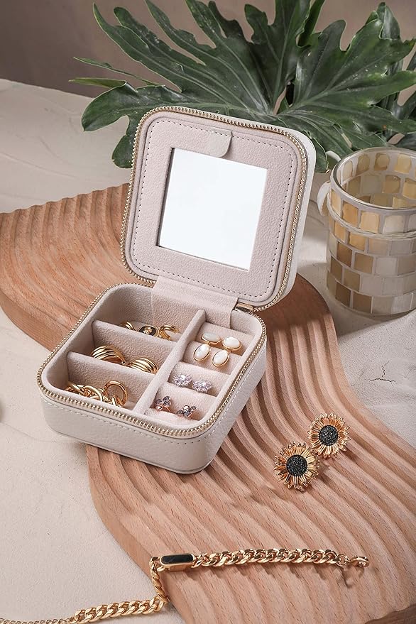 S.Leaf Travel Jewelry Organizer Boxes for Women Small Portable Necklace Earrings Bracelet Rings Travel Case Best Friend Birthday Gifts for Women Trendy (03_Lychee_Beige)