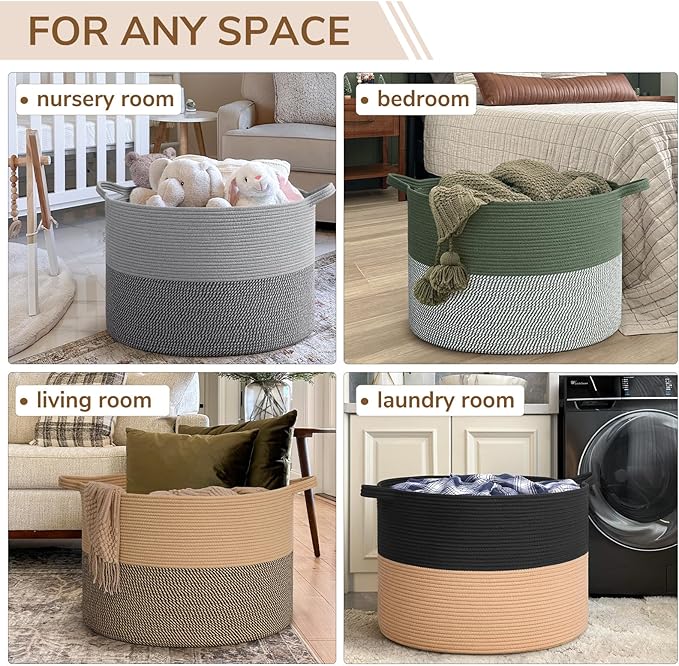 INDRESSME 115L Extra Large Blanket Basket, Woven Baskets for Storage, Wicker Storage Basket for Organizing Woven Laundry Baskets for Toy Pillow Shoe Entryway, Camel & Mix Camel