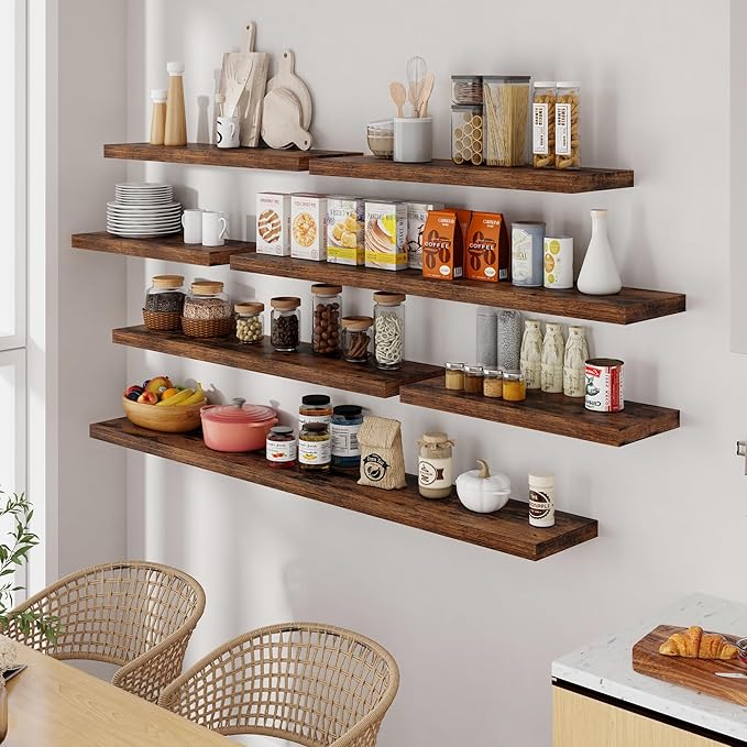 Fun Memories 55Inch Floating Shelves for Wall 2 Pack Shelves for Bedroom|Kitchen|Bathroom Wall Mounted Rustic Wood Floating Shelf with Invisible Brackets for Books|Storage|Decor, Rustic Brown