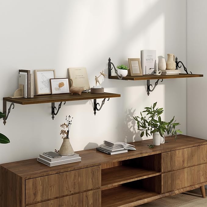 Deep Floating Shelves for Wall, 32"W x 12"D Wall Shelves, 12 Inch Deep Floating Shelf with Bracket, 32 Inch Floating Shelves Set of 2, Rustic Shelves for Living Room, Bathroom and Kitchen, Walnut