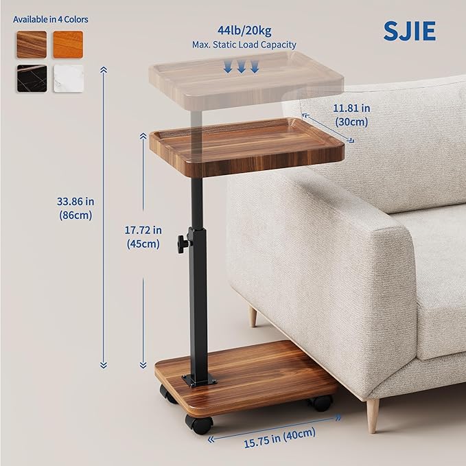 C Table End Table Adjustable Height, 360°Swivel TV Tray Table for Small Spaces, Side Tables with Wheels for Living Room and Bedroom, Bed (Walnut)