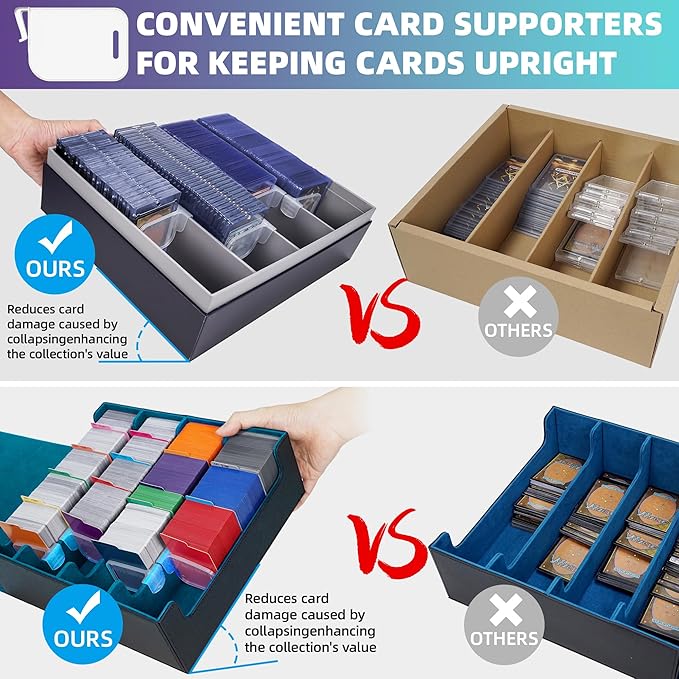 AFIING Trading Card Storage Box 6000+ Capacity – DIY Toploader Case w/ 24 Dividers & 8 Supports, Fits 3x4 Rigid Card,Deck Box for MTG TCG Sports Cards– Black & Cyan