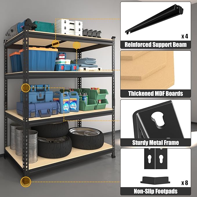 PrimeZone 40" W x 20" D x 59" H Heavy Duty Storage Shelves, 4 Tier Adjustable Garage Shelving Unit, Metal Organizer Shelf Utility Rack for Warehouse Pantry Closet Kitchen, Black, 4 Pack