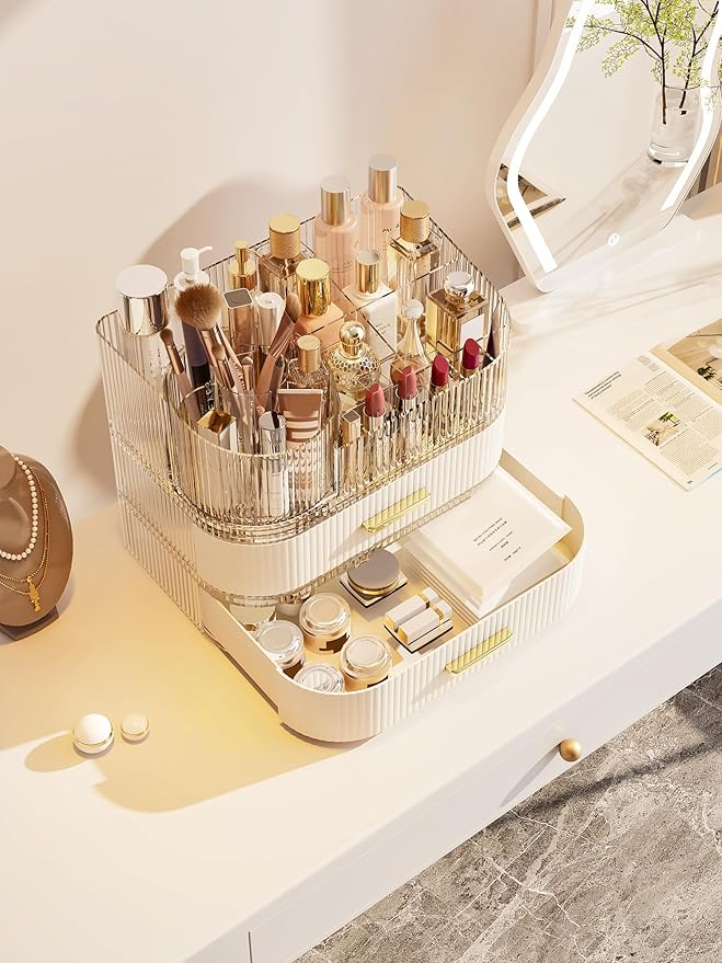 Makeup Organizer with Stackable Drawer, 360 Rotating Makeup Brush Holder, 11-inch Wide Large Cosmetic Display Case, Skincare Organizers and Storage for Vanity, Bathroom Countertop (1 Tray + 2 Drawer)
